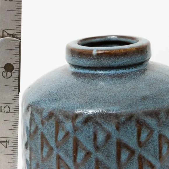 West Elm Pottery Ceramic Flower Vase Round Blue Beige Glazed 7" MCM Boho Decor - Picture 7 of 9